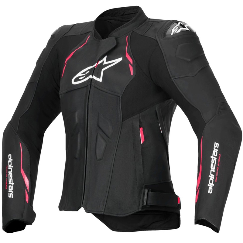 Alpinestars Stella Dusk Sieviešu ādas motocikla jaka melnā un rozā un baltā krāsā