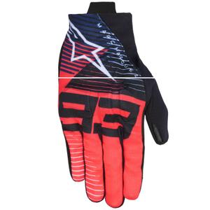 Alpinestars Reef V2 MM93 kolekcijas fluo sarkani-zili-balti motocikla cimdi
