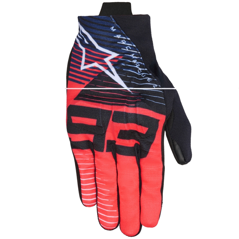 Alpinestars Reef V2 MM93 kolekcijas fluo sarkani-zili-balti motocikla cimdi
