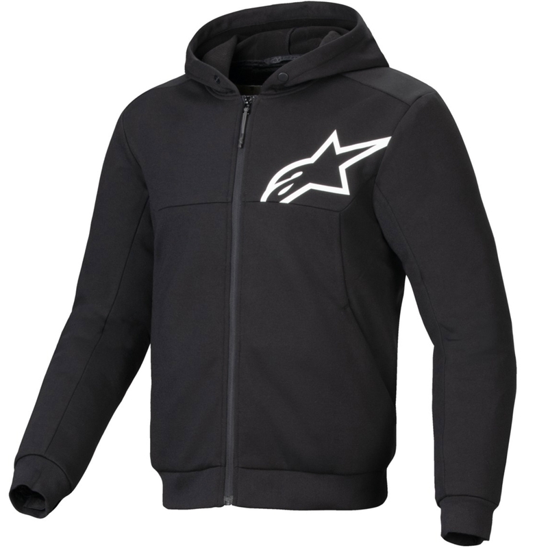 Alpinestars Chrome V2 Sport melnā un baltā motocikla jaka ar kapuci