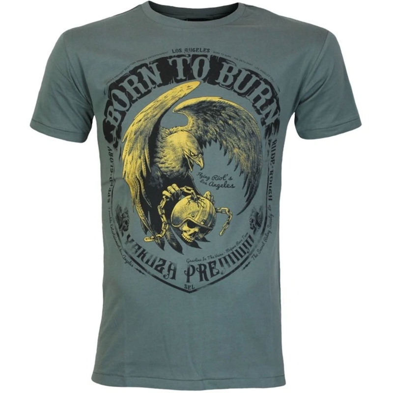 T-krekls Yakuza Premium Born To Burn Flying Riots Los Angeles olīvu zaļš