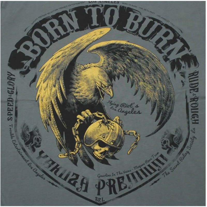 T-krekls Yakuza Premium Born To Burn Flying Riots Los Angeles olīvu zaļš