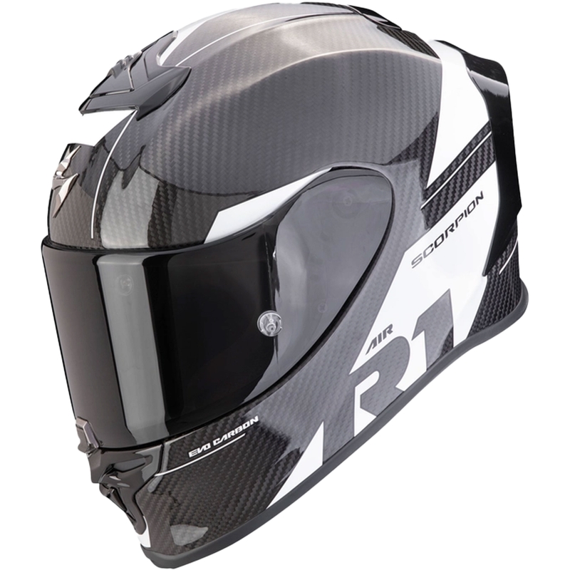 Integrālā ķivere Scorpion EXO-R1 EVO Carbon Air Rally melnā un baltā krāsā izpārdošana