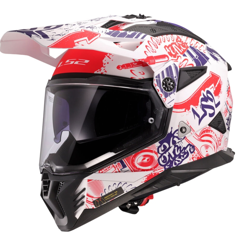 Enduro moto ķivere LS2 MX702 Pioneer II Fantasy balti-sarkani-zilā krāsā