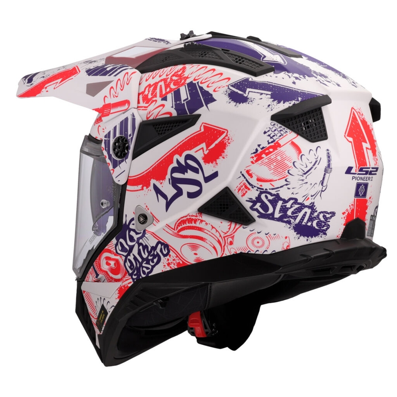 Enduro moto ķivere LS2 MX702 Pioneer II Fantasy balti-sarkani-zilā krāsā