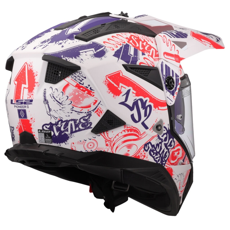 Enduro moto ķivere LS2 MX702 Pioneer II Fantasy balti-sarkani-zilā krāsā