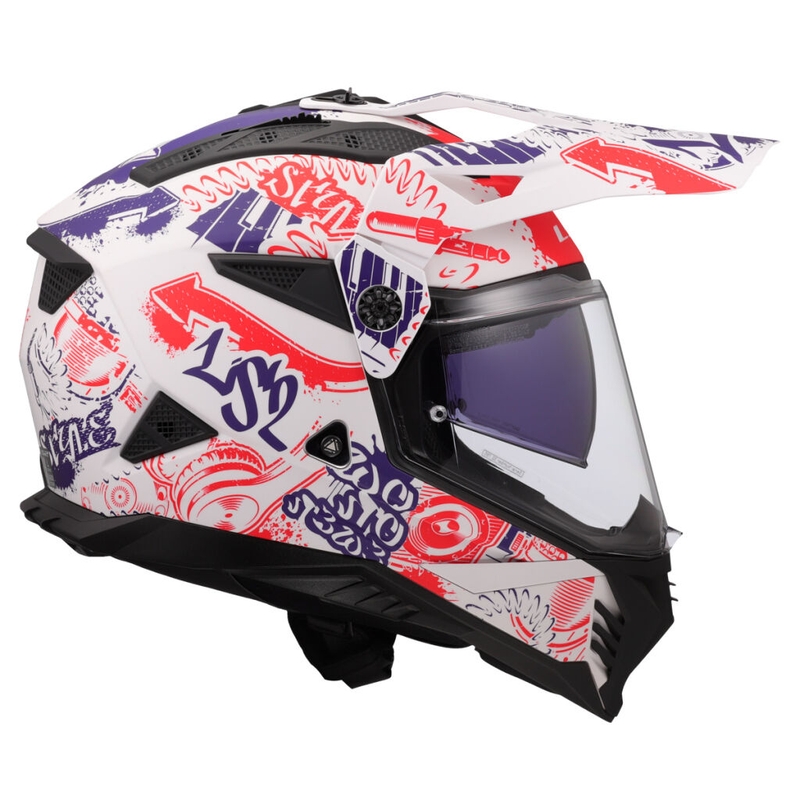 Enduro moto ķivere LS2 MX702 Pioneer II Fantasy balti-sarkani-zilā krāsā