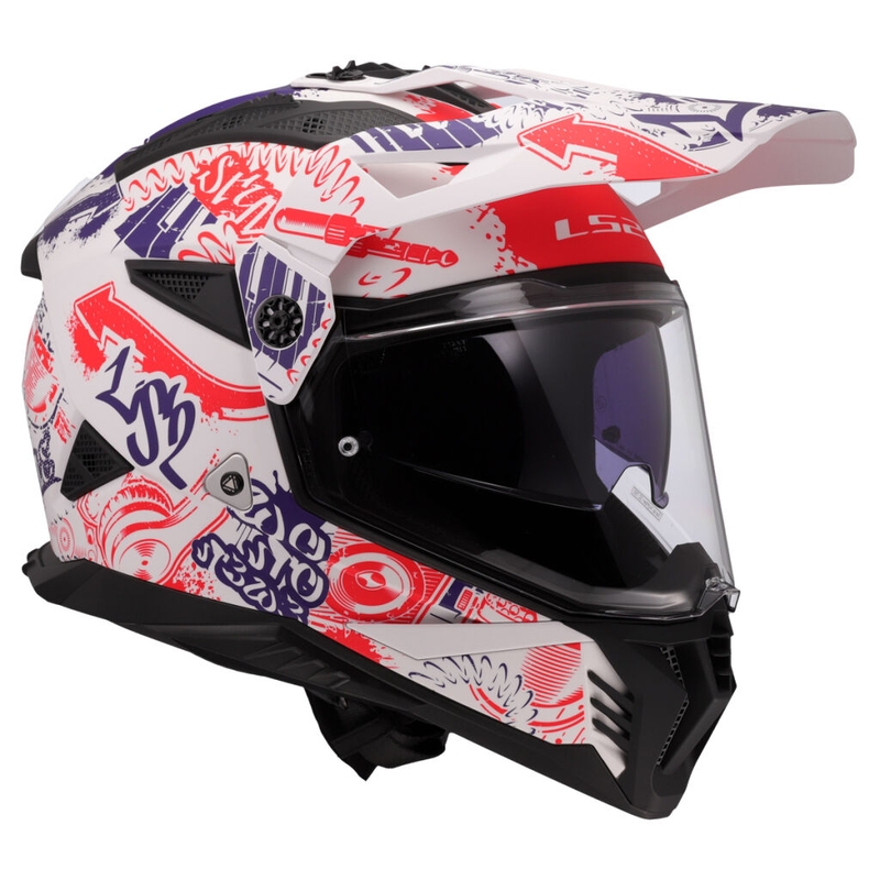 Enduro moto ķivere LS2 MX702 Pioneer II Fantasy balti-sarkani-zilā krāsā