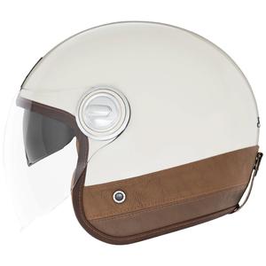 Atvērtā moto ķivere NOX PREMIUM Heritage krēmīgi balta ar brūnu ādu