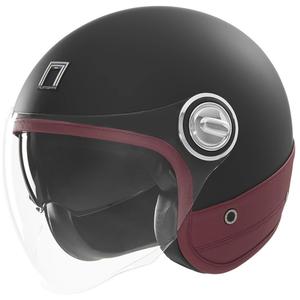 Atvērtā moto ķivere NOX PREMIUM Heritage matēta melna ar sarkanu ādu