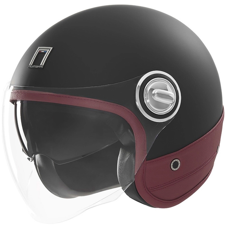 Atvērtā moto ķivere NOX PREMIUM Heritage matēta melna ar sarkanu ādu