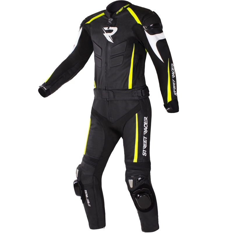 Street Racer Fast Track 2.1 ādas motocikla kombinezons melns-fluorescējoši dzeltens-balts