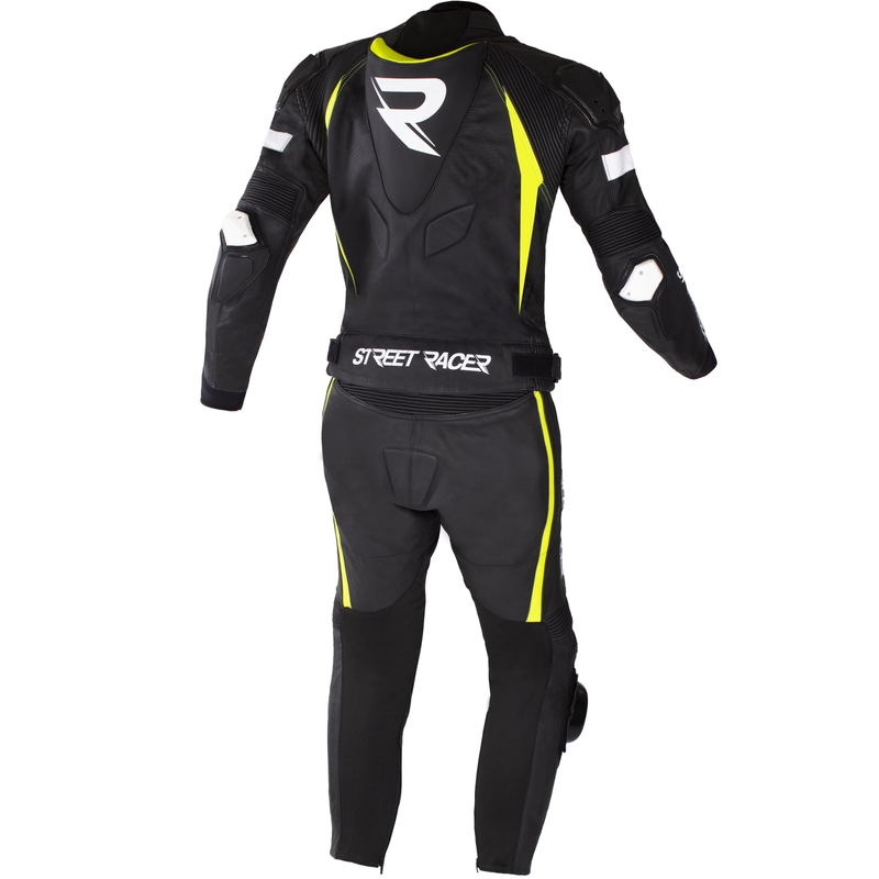 Street Racer Fast Track 2.1 ādas motocikla kombinezons melns-fluorescējoši dzeltens-balts