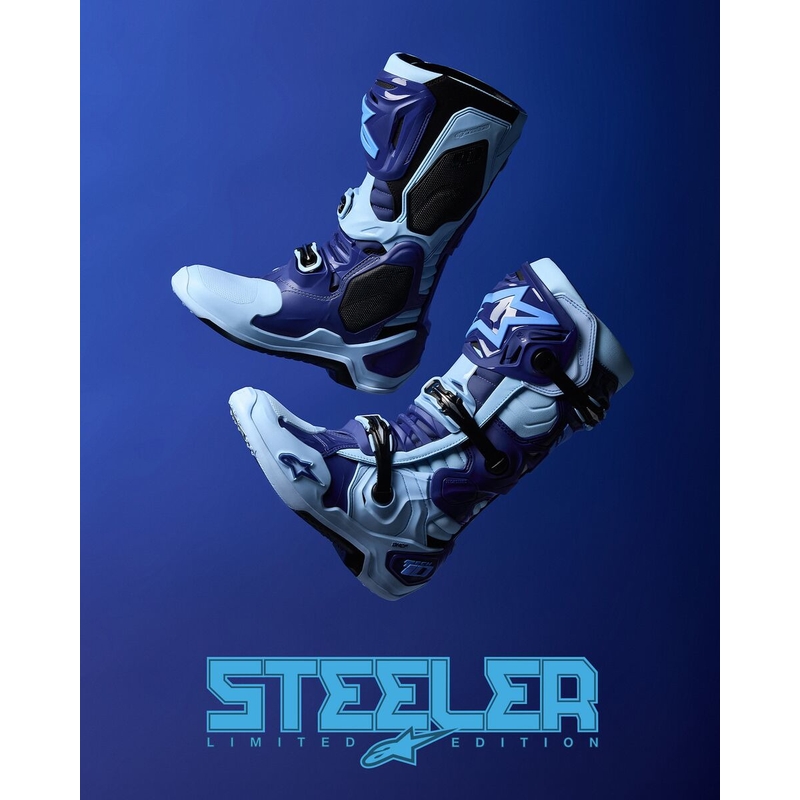 Alpinestars Tech 10 ierobežota sērija Steelers zili un gaiši zili motocikla zābaki