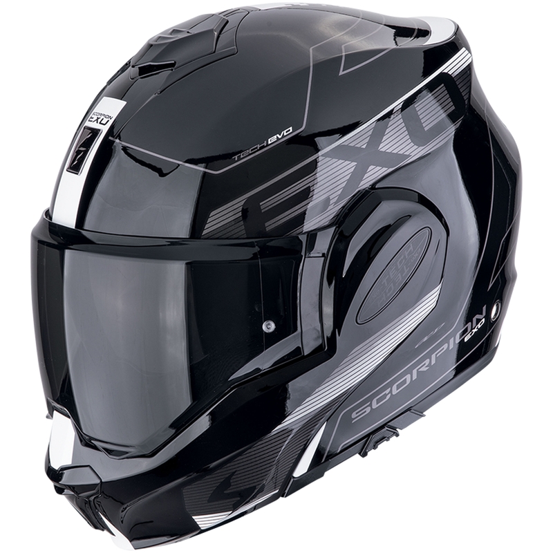 Saliekamā motocikla ķivere Scorpion EXO-TECH EVO TRAVELLER melnā un baltā krāsā