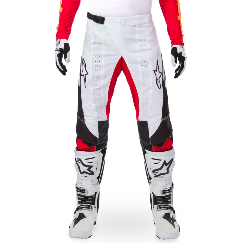 Alpinestars Techstar ierobežotas izlaiduma Deep melni-balti-fluo sarkani-oranžas motokrosa bikses