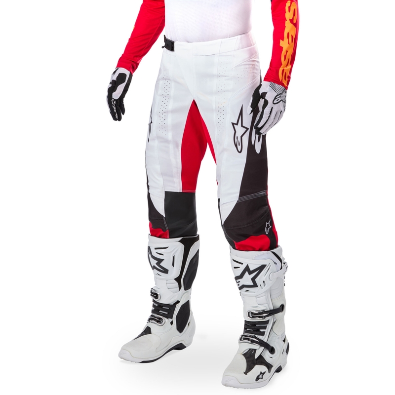 Alpinestars Techstar ierobežotas izlaiduma Deep melni-balti-fluo sarkani-oranžas motokrosa bikses