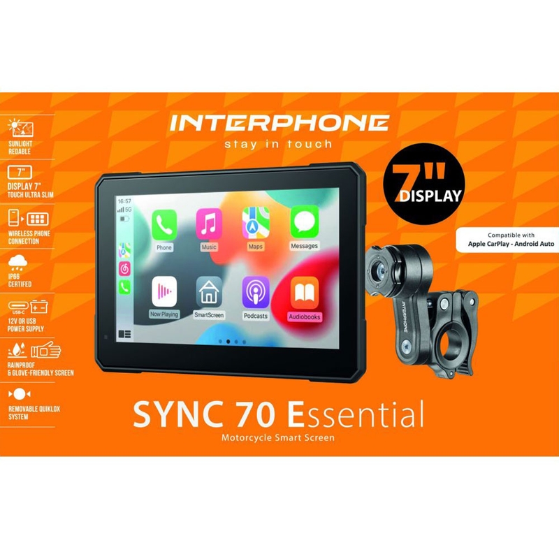 Interphone SYNC70 ESSENTIAL Apple CarPlay un Android Auto displejs motocikliem