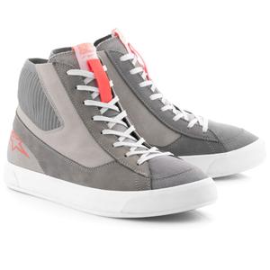 Alpinestars Stated gaiši pelēki-fluo sarkani-balti motocikla zābaki