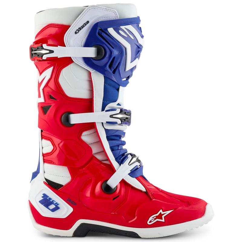 Alpinestars Tech 10 ierobežotas sērijas FORTITUDE balti-zili-sarkani motocikla zābaki