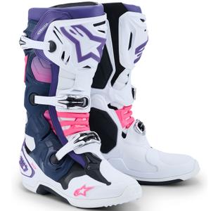 Alpinestars Tech 10 white-purple-blue-fluo pink motociklu zābaki