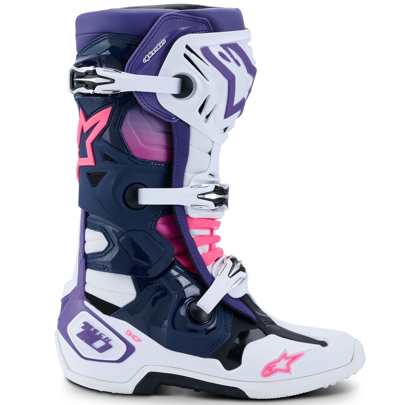 Alpinestars Tech 10 white-purple-blue-fluo pink motociklu zābaki