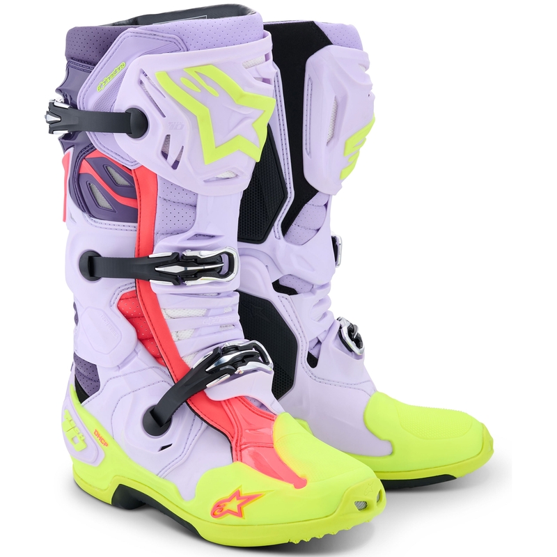 Alpinestars Tech 10 Supervented violeti-fluo dzelteni-rozā motocikla zābaki