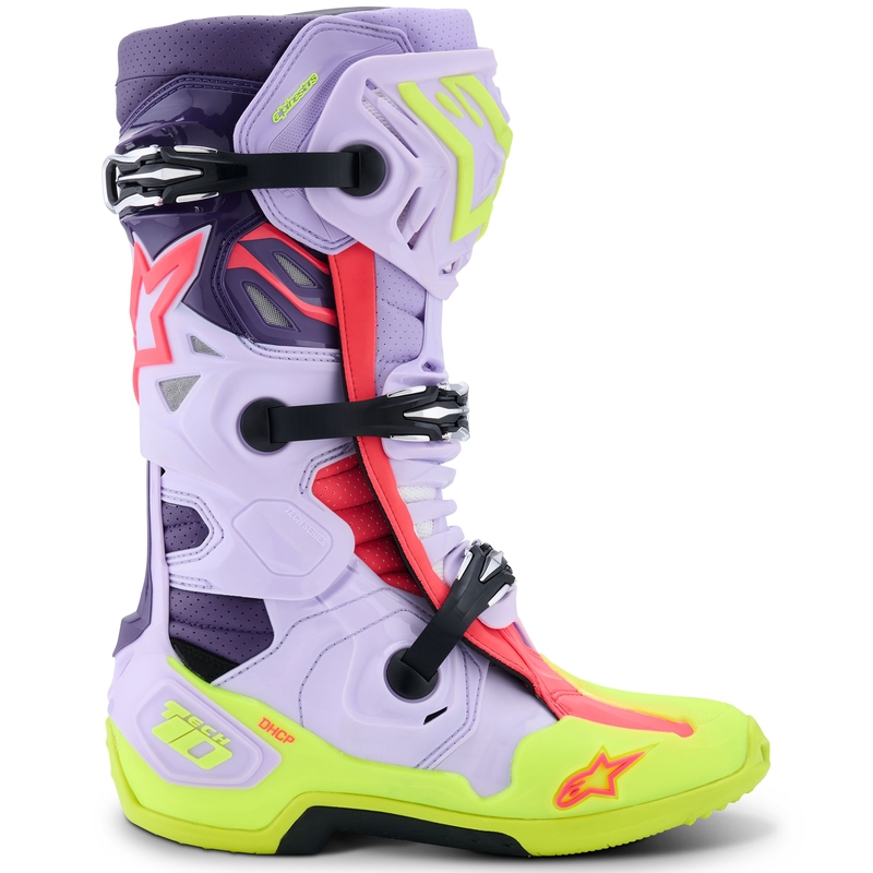 Alpinestars Tech 10 Supervented violeti-fluo dzelteni-rozā motocikla zābaki
