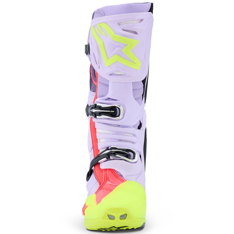 Alpinestars Tech 10 Supervented violeti-fluo dzelteni-rozā motocikla zābaki