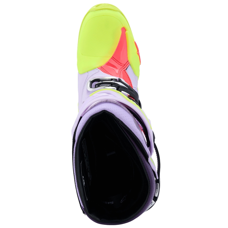 Alpinestars Tech 10 Supervented violeti-fluo dzelteni-rozā motocikla zābaki