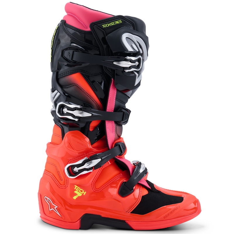Alpinestars Tech 7 Black-Fluo Red-Fluo Pink motociklu zābaki