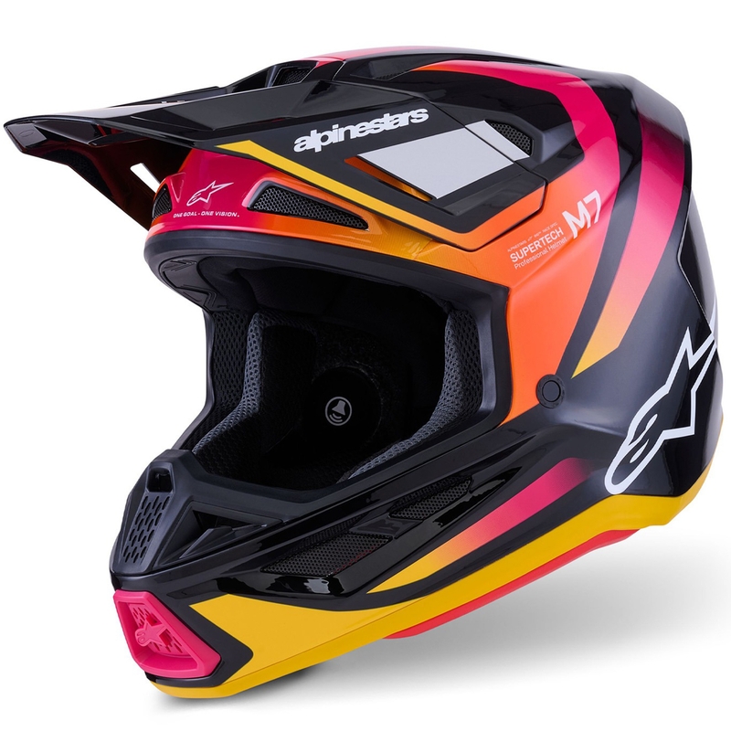 Alpinestars SM7 Rise motokrosa ķivere melns-dzeltens-fluo rozā krāsā