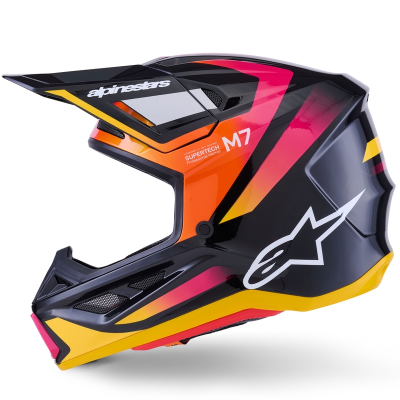 Alpinestars SM7 Rise motokrosa ķivere melns-dzeltens-fluo rozā krāsā