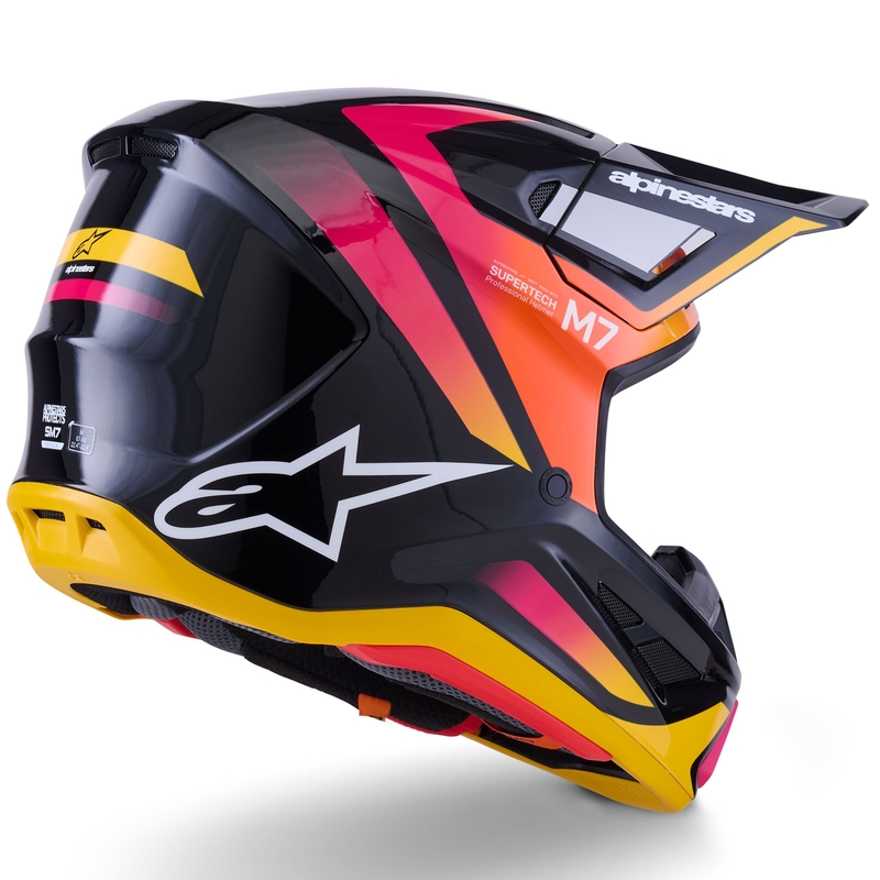 Alpinestars SM7 Rise motokrosa ķivere melns-dzeltens-fluo rozā krāsā