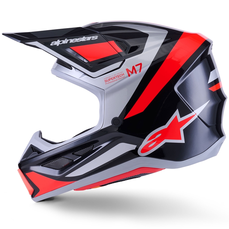Alpinestars SM7 Rise motokrosa ķivere melna-sudraba-fluo sarkana