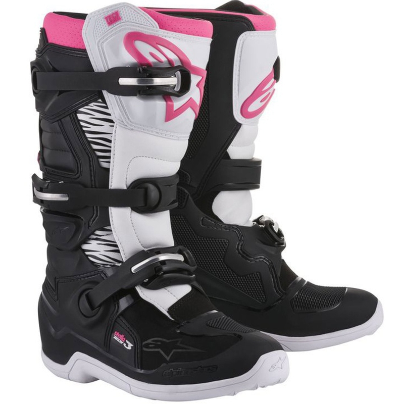 Alpinestars Sieviešu Stella Tech 3 melni, balti un rozā motociklu zābaki