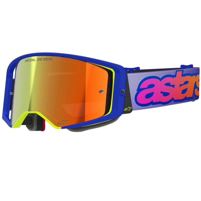 Alpinestars Supertech Vision Vista motokrosa brilles zili-dzelteni-violetas ar spoguļstikla sarkanu lēcu