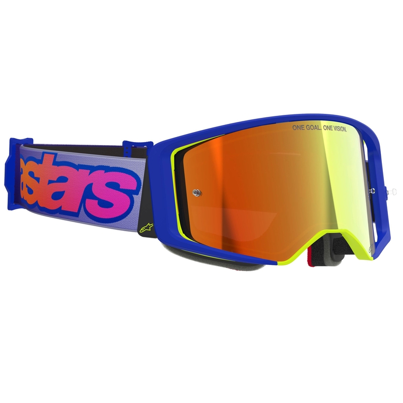Alpinestars Supertech Vision Vista motokrosa brilles zili-dzelteni-violetas ar spoguļstikla sarkanu lēcu