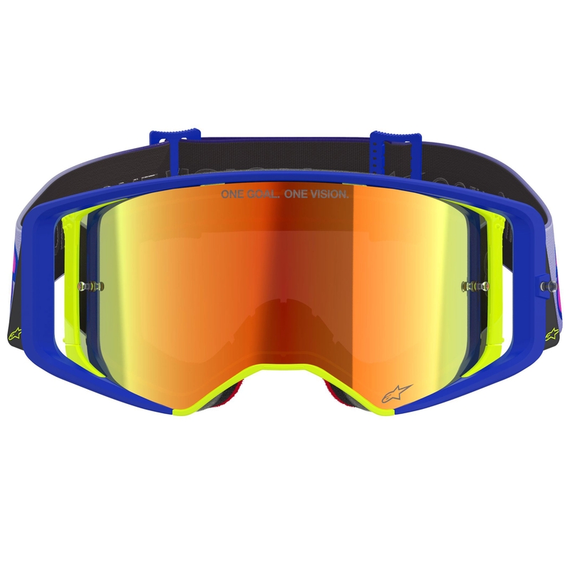 Alpinestars Supertech Vision Vista motokrosa brilles zili-dzelteni-violetas ar spoguļstikla sarkanu lēcu