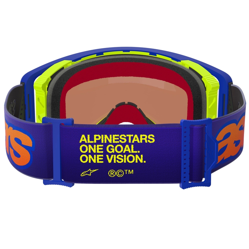 Alpinestars Supertech Vision Vista motokrosa brilles zili-dzelteni-violetas ar spoguļstikla sarkanu lēcu