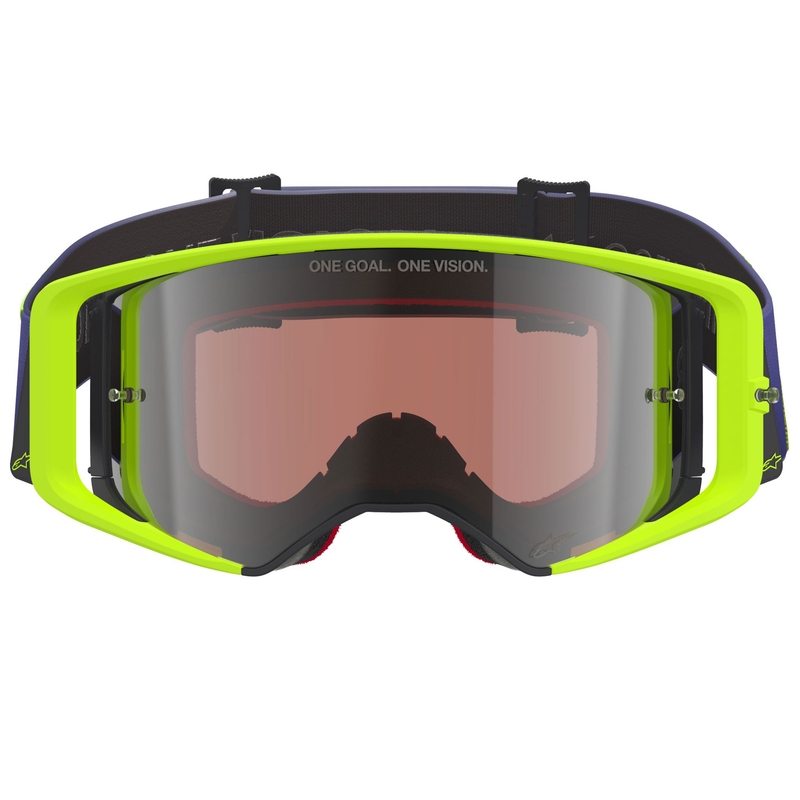 Alpinestars Supertech Vision Corp motokrosa brilles violeti dzeltenas ar spoguļstikla sudraba lēcām