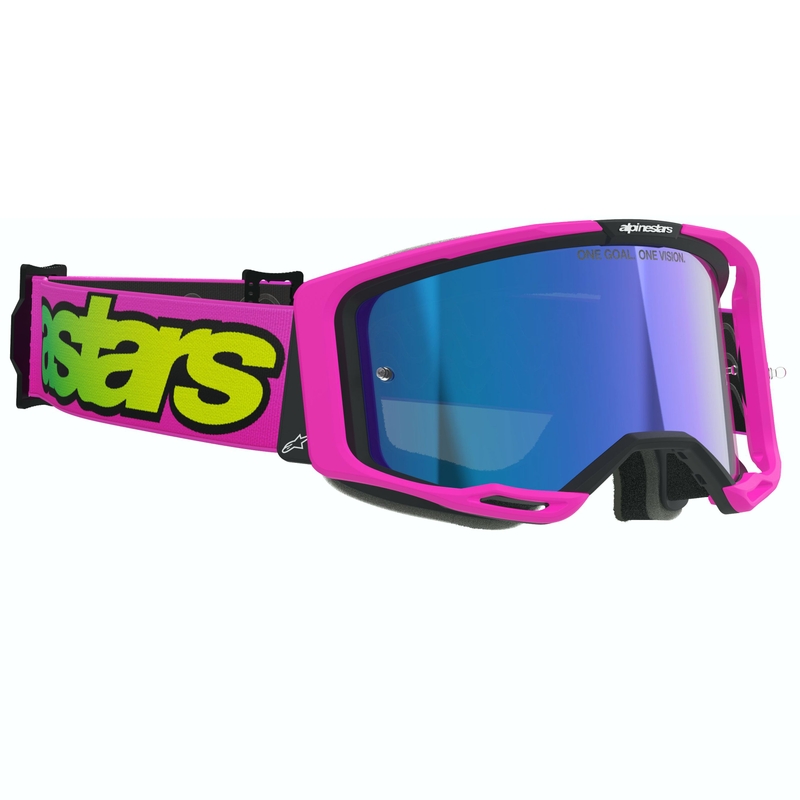 Alpinestars Vision 8 Vista fluo rozā-fluo dzelteni-zaļas motokrosa brilles ar spoguļstikla zilām lēcām