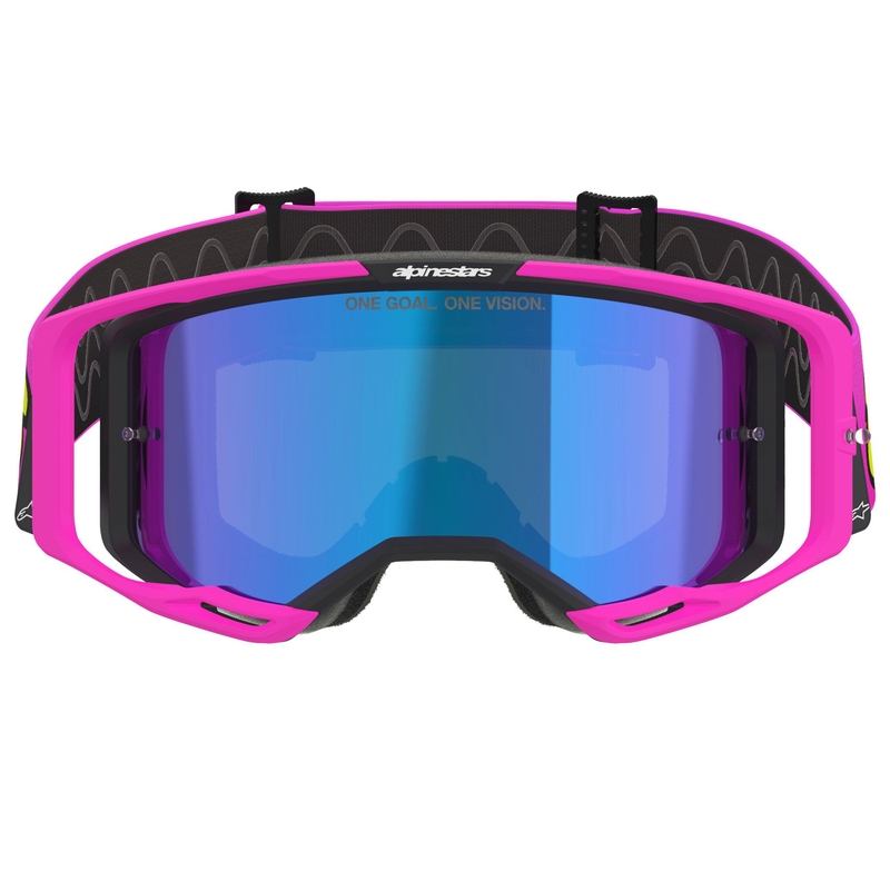 Alpinestars Vision 8 Vista fluo rozā-fluo dzelteni-zaļas motokrosa brilles ar spoguļstikla zilām lēcām