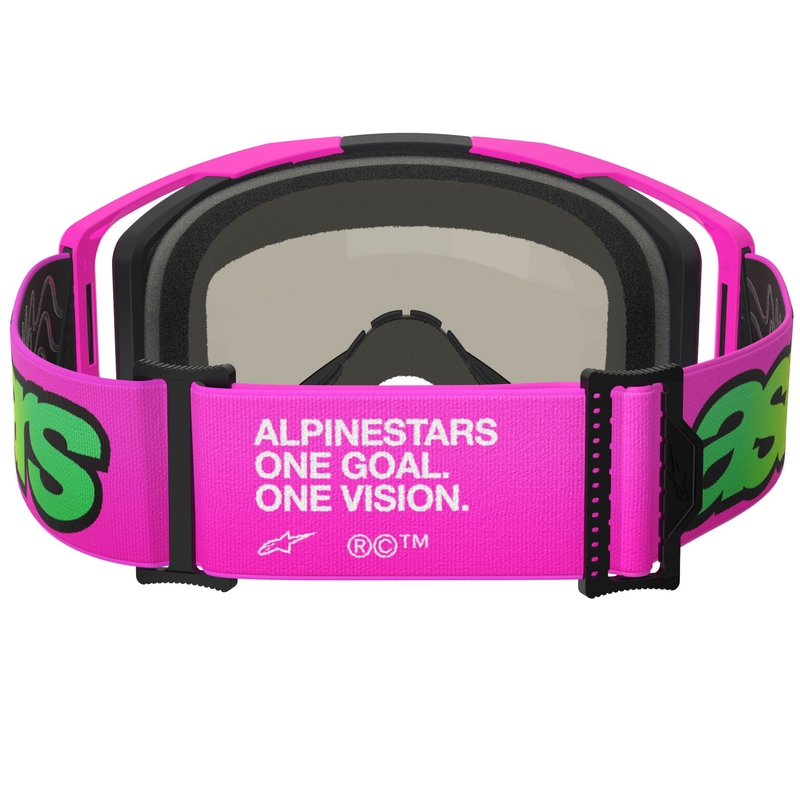 Alpinestars Vision 8 Vista fluo rozā-fluo dzelteni-zaļas motokrosa brilles ar spoguļstikla zilām lēcām