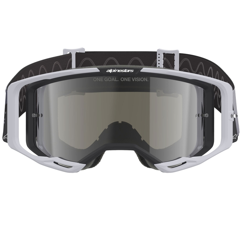 Alpinestars Supertech Vision 8 Lahnd motokrosa brilles baltā un melnā krāsā ar sudraba spoguļstikla lēcām