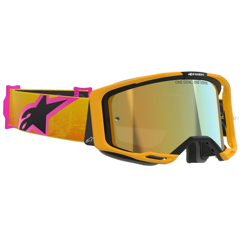 Alpinestars Vision 8 Corp motokrosa brilles oranži-dzelteni-rozā krāsā ar spoguļstikliem zelta krāsā