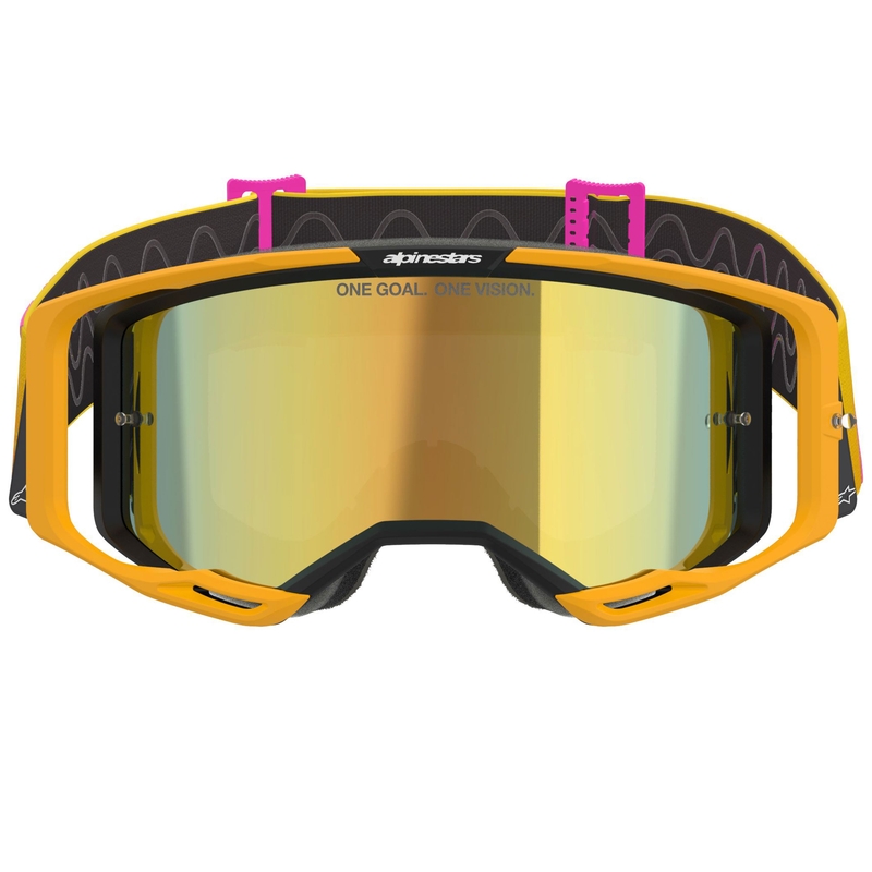 Alpinestars Vision 8 Corp motokrosa brilles oranži-dzelteni-rozā krāsā ar spoguļstikliem zelta krāsā