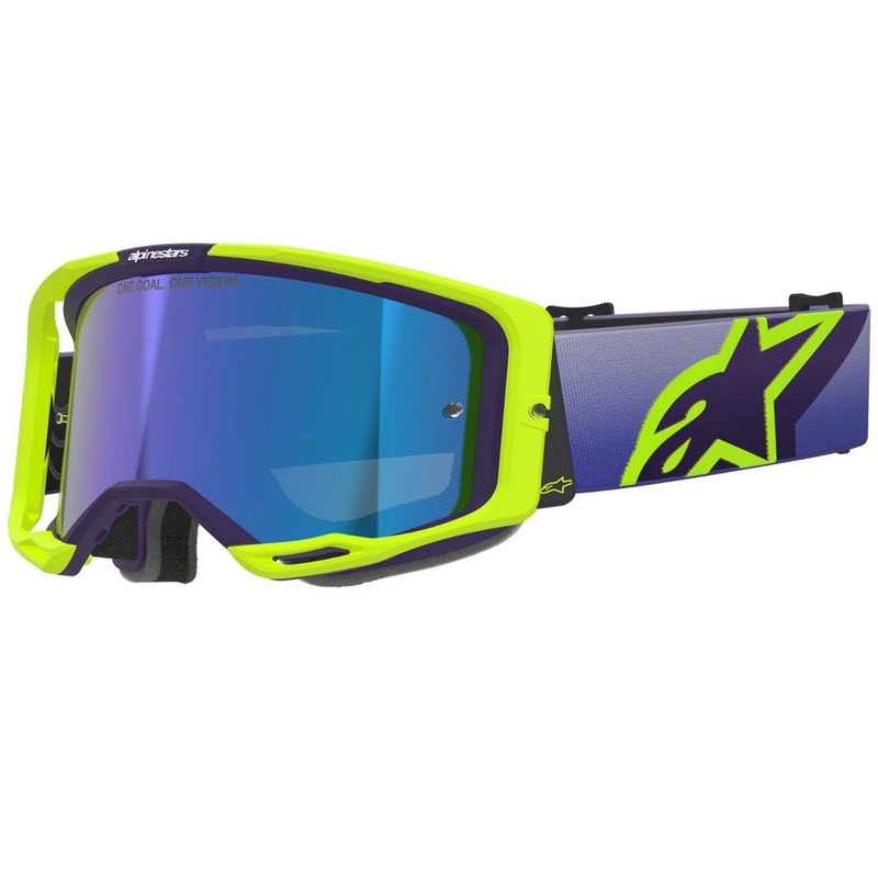 Alpinestars Vision 8 Corp fluo dzelteni violetas motokrosa brilles ar spoguļstikla zilām lēcām