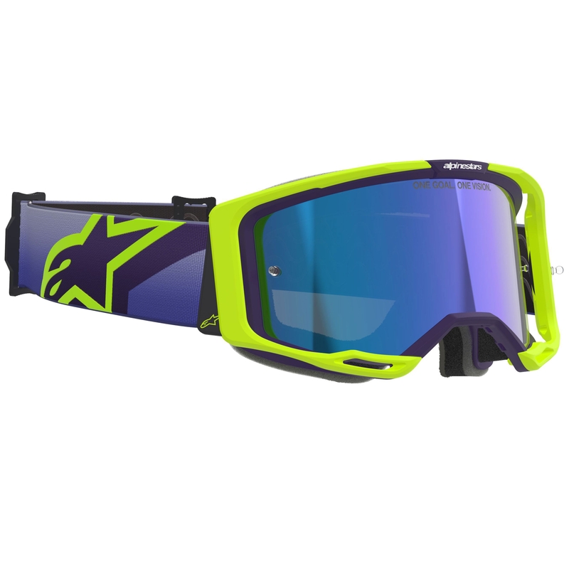 Alpinestars Vision 8 Corp fluo dzelteni violetas motokrosa brilles ar spoguļstikla zilām lēcām