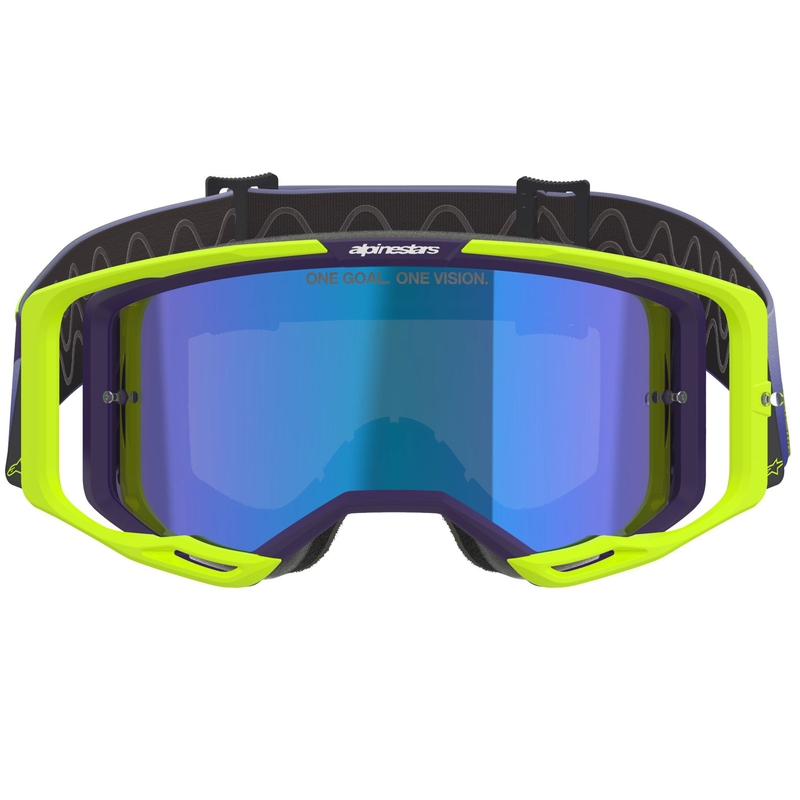 Alpinestars Vision 8 Corp fluo dzelteni violetas motokrosa brilles ar spoguļstikla zilām lēcām